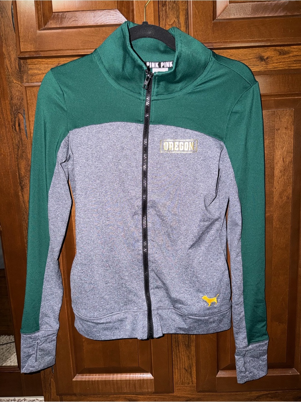 PINK Victoria's Secret Green and Gray Full-Zip Jacket University of Oregon